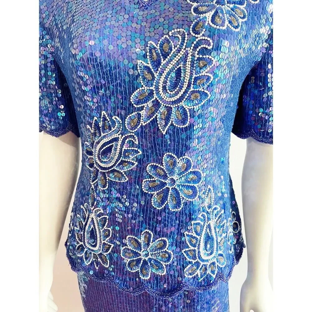 Stenay Purple Sequin Two Piece Top and Skirt Set Size 8 1980s 80s